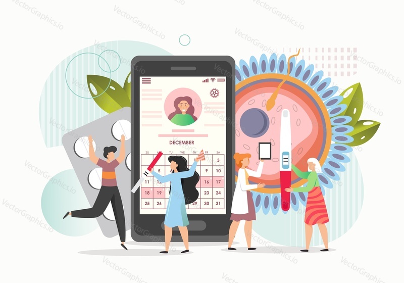 Childbearing woman using mobile app for pregnancy and childbirth, flat vector illustration. Happy couple looking at calendar on smartphone screen, girl taking pregnancy test. Maternity, childbearing.