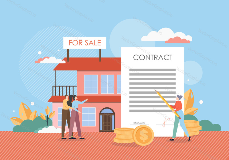 Happy family couple buying new home, signing contract with real estate agent, flat vector illustration. House for sale. Realtor, real estate broker services.
