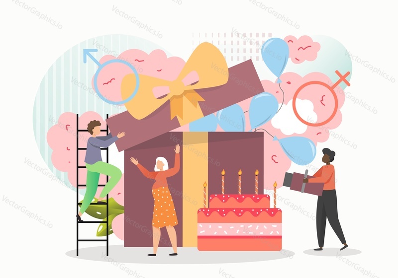 Couple waiting for baby girl boy, flat vector illustration. Happy pregnant woman, husband opening gift box with blue balloons, flapper with pink smoke, big cake. Baby gender reveal announcement party.