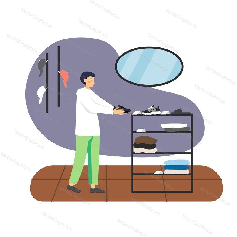Mens clothing store. Buyer, male cartoon character shopping for shoes in menswear fashion boutique, flat vector illustration. Apparel brand shop. Men clothing and fashion.