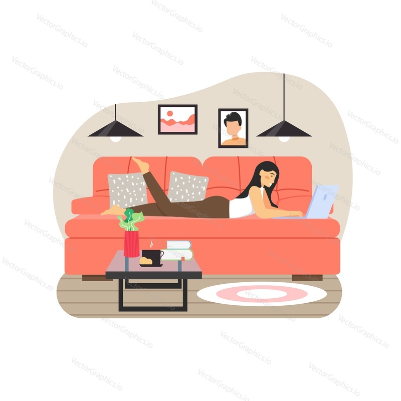 Happy girl, freelancer working on laptop computer from home lying on cozy sofa, flat vector illustration. Freelance, remote work, home office.