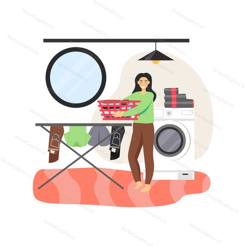 Young woman housemaid, housekeeper, cleaning company worker, housewife holding laundry basket while standing next to washing machine, vector flat illustration. Home cleaning and laundry services.