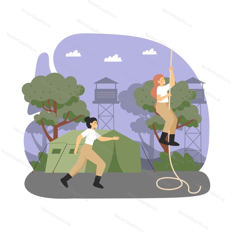 Military training composition, flat vector isolated illustration. Army soldiers female cartoon characters climbing rope, running. Military workout, sport exercises, boot camp.