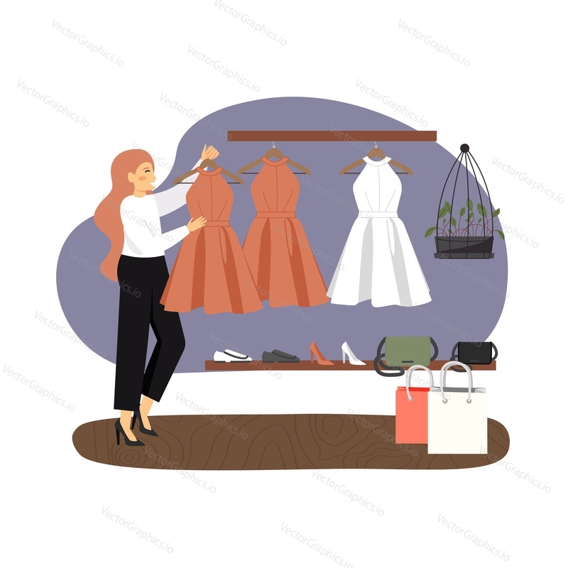 Happy woman shopping for dress in woman clothing store, flat vector illustration. Cute girl holding summer red dress on hanger. Fashion boutique interior.