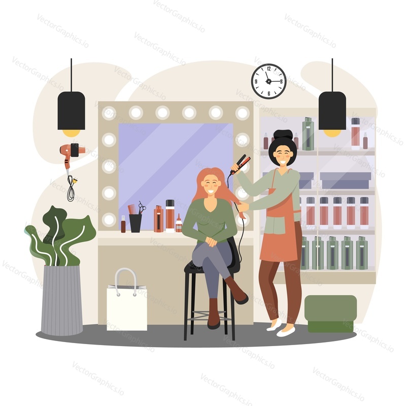 Hair salon interior. Professional hairdresser and stylist doing her client female hair, flat vector illustration. Beauty parlor, hairdressing salon, hair studio services.