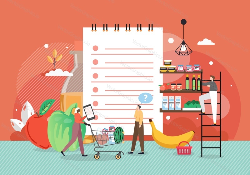 Grocery store. Woman making purchases of food products with smartphone shopping list, flat vector illustration. Grocery list app concept.