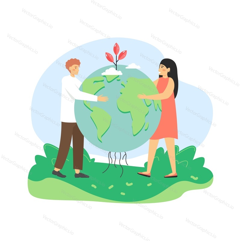 Man and woman, ecologists holding globe with sprouting plant, flat vector illustration. People taking care of planet Earth ecology. Global environmental protection, save planet, Earth Day celebration.