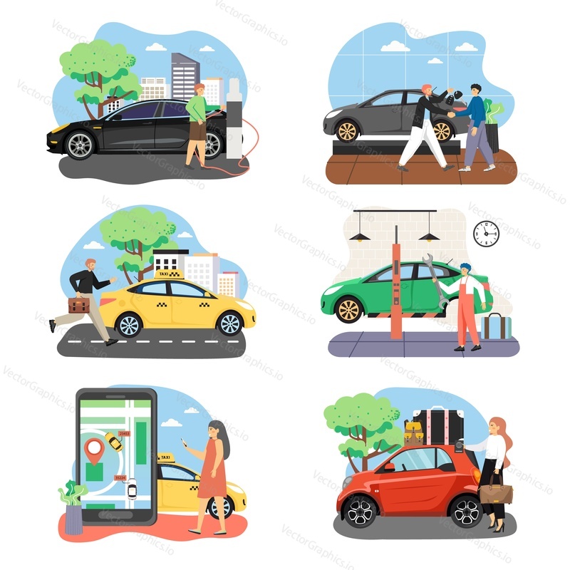Люди и автомобили в их жизни плоская векторная иллюстрация. Мужчины и женщины покупают, моют, ремонтируют автомобили, заряжают электромобили, путешествуют на машине, заказывают такси онлайн, ловят такси на улице