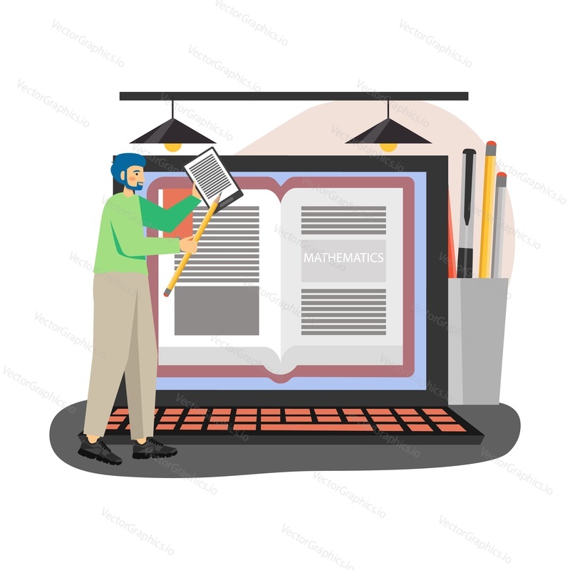Laptop computer with math book on screen, man with tablet studying mathematics at home, flat vector illustration. Online math courses, distance learning, remote education, e-learning.