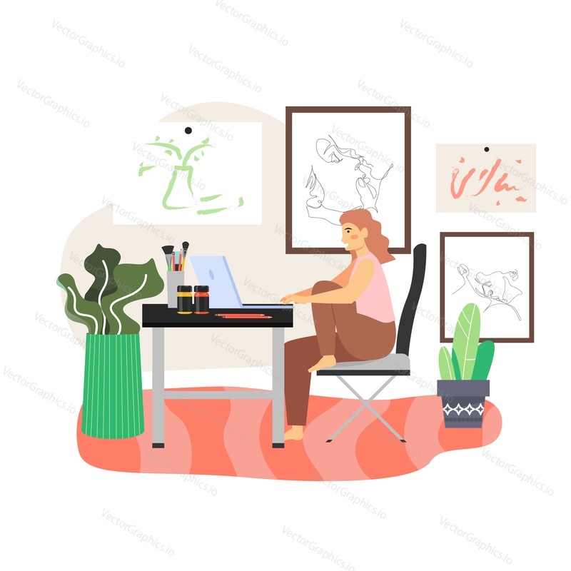 Happy girl, freelance artist, graphic designer, illustrator working on laptop computer from home office, flat vector illustration. Freelance, creative remote work, home workplace.