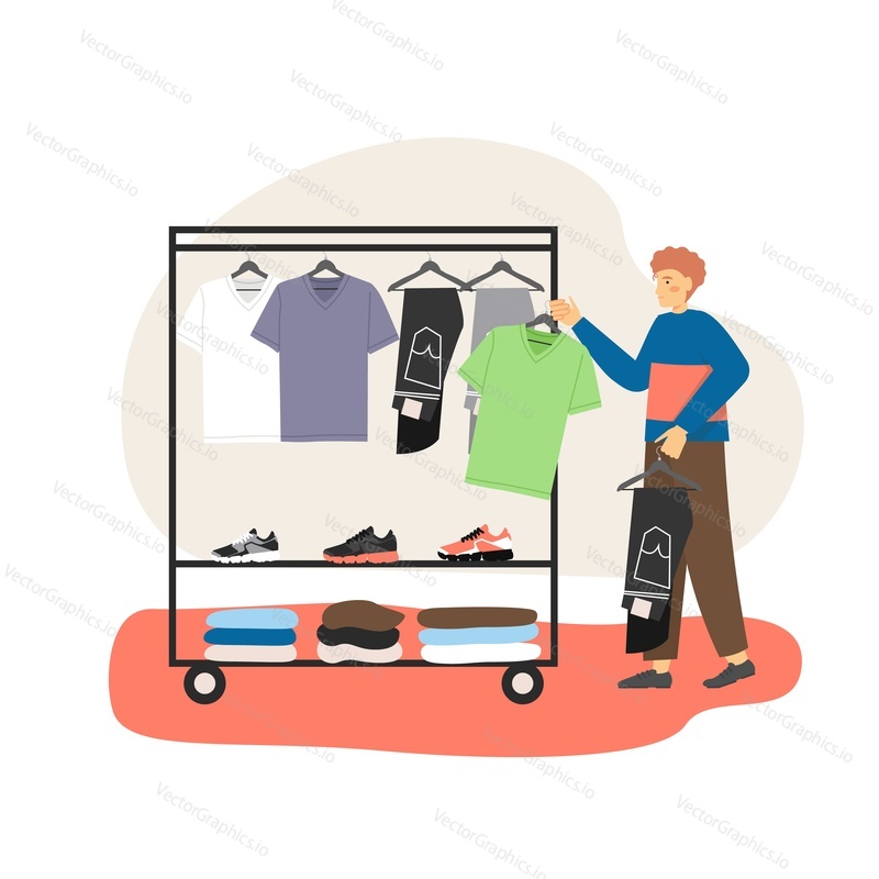 Mens clothing store, rack with clothes and shoes. Male character choosing t-shirt and jeans, flat vector illustration. Menswear fashion boutique, retail business.