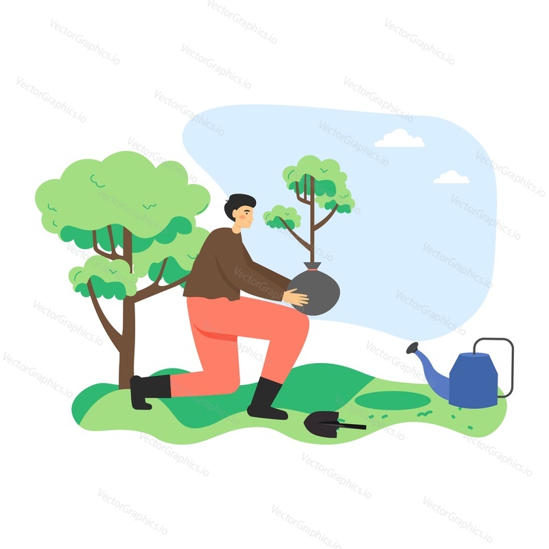 Man planting tree in city park, flat vector illustration. Volunteer, ecologist helping to save planet. Environmental protection, ecology, volunteering, save nature.