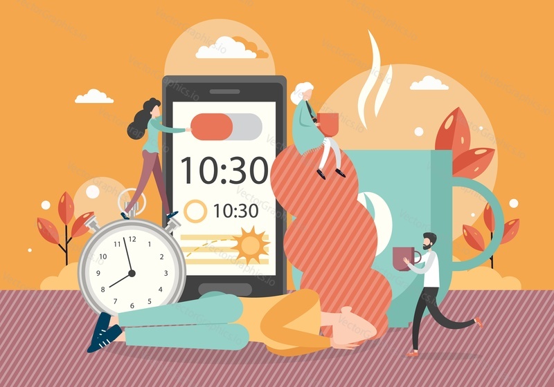 Huge smartphone with alarm clock app, sleeping girl, vector flat style design illustration. Sleep cycle alarm clock mobile application concept.