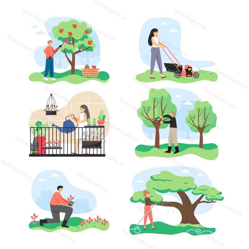 Gardeners working in garden scene set, flat vector illustration. People picking apples, trimming grass, pruning, watering trees, planting out seedling. Gardening. Garden care and maintenance service.