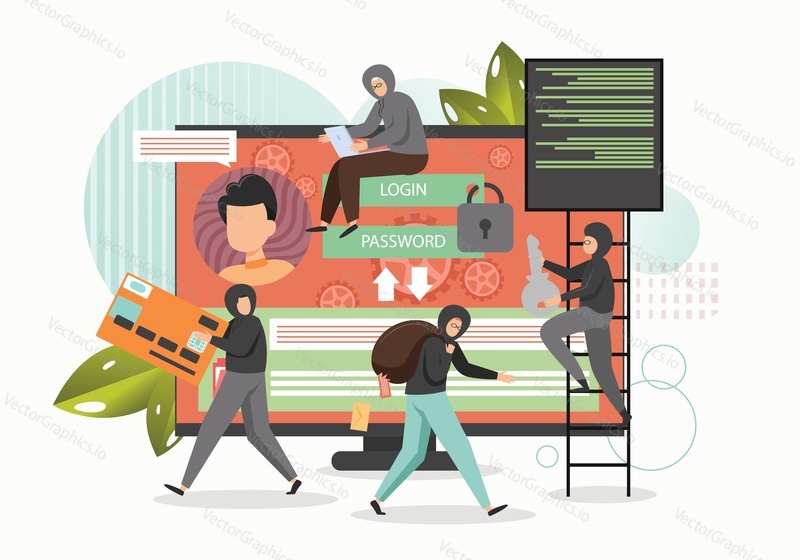 Cyber crime, hacker attack, vector flat illustration. Huge computer monitor with hacker characters stealing login password on screen, carrying credit card, bag with email messages. Phishing scam.