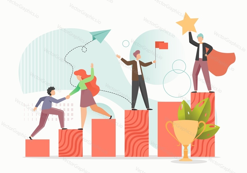 Business team male and female cartoon characters climbing up rising bar graph to reach goal, flat vector illustration. Teamwork, business success.