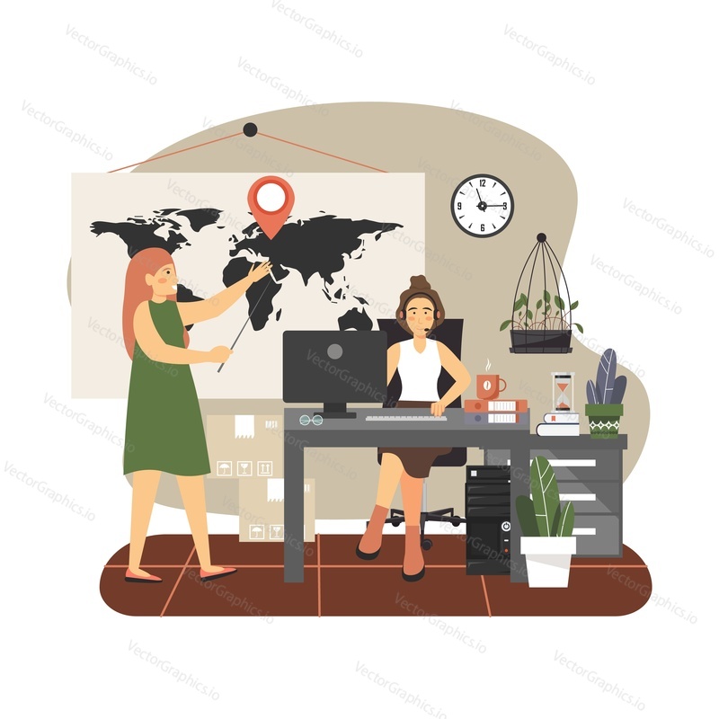 Оператор доставки, женщина с гарнитурой, работающая на компьютере, другая женщина указывает на пин-код местоположения на карте мира, плоская векторная иллюстрация. Служба доставки колл-центра, международные перевозки, горячая линия