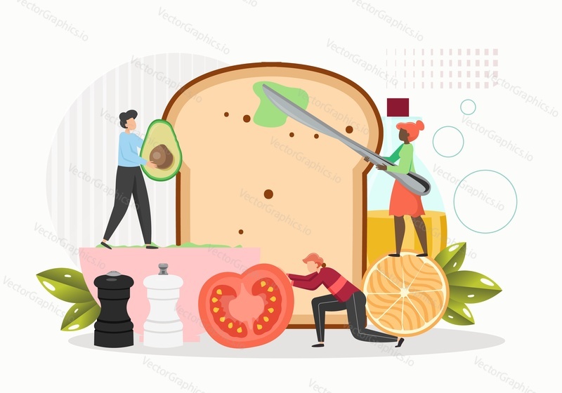 Restaurant chefs tiny male female characters cooking huge delicious sandwich avocado toast, vector flat illustration. Toasted slice of bread with fresh avocado, tomato, seasoning. Healthy organic food