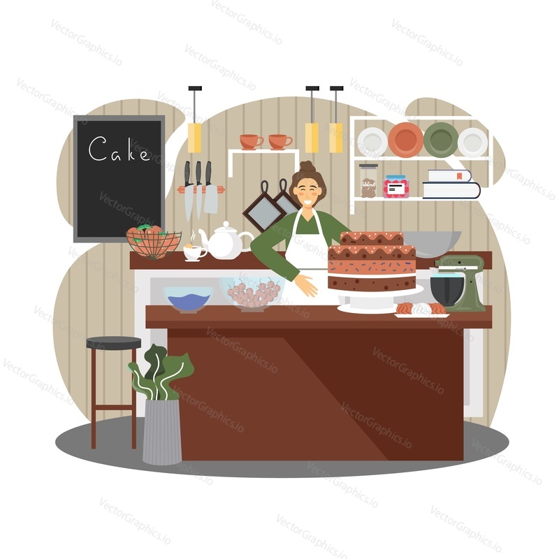 Woman baker confectioner wearing apron standing at counter with big chocolate cake, vector flat illustration. Bakery interior, happy girl shop assistant selling fresh sweet food desserts. Pastry shop.