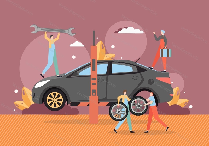 Car service center, auto repair shop, garage. Car mechanics fitting new and changing old tire, vector flat style design illustration. Tyre change and auto services.