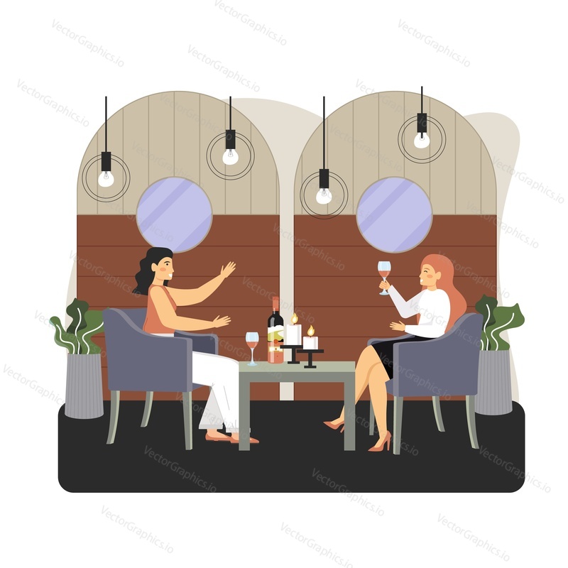 Two young women sitting at table, talking and drinking wine, vector flat illustration. Happy female best friends meeting in cafe, restaurant. Women girlfriends party, celebration.