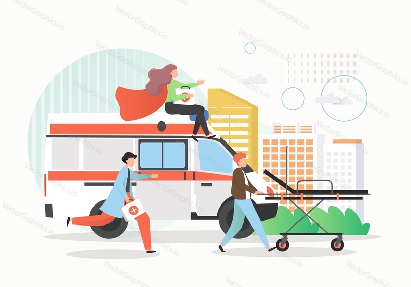 Emergency medical services, vector flat style design illustration. Hospital ambulance car, doctor paramedic emergency ambulance staff male and female cartoon characters with stretcher, first aid kit.