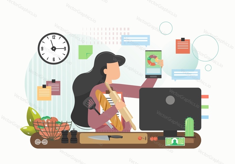 Business woman cooking and working on computer in kitchen, vector flat illustration. Busy multitasking woman holding tablet with charts on screen in one hand, baguette, dough rolling pin in the other.