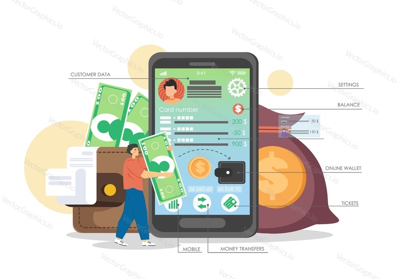 Smartphone with mobile banking app on screen, bank customer man making money transaction online, vector flat style design illustration. Online money transfer, mobile payment.