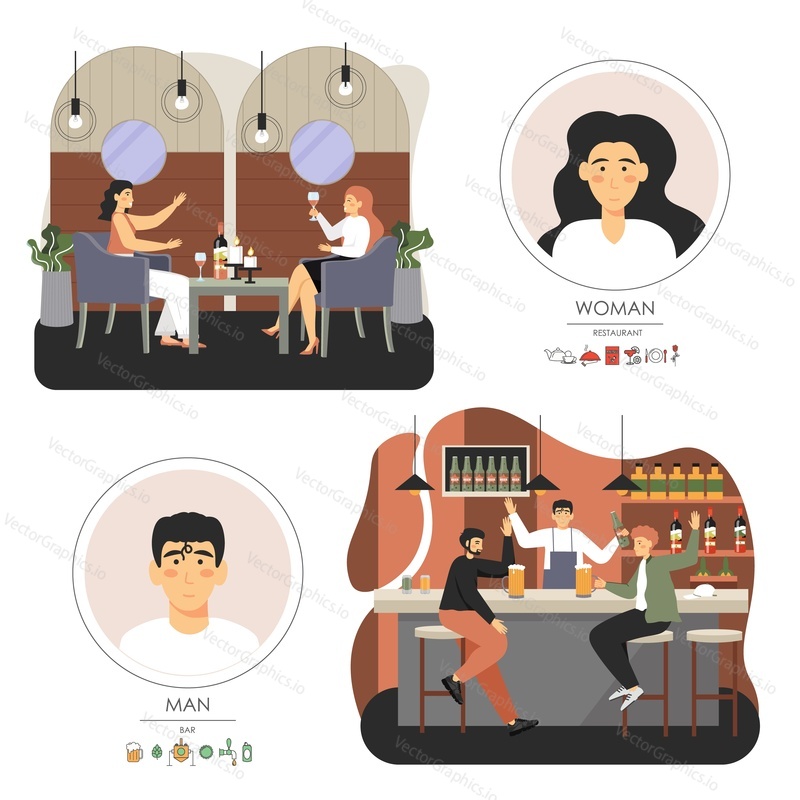 People visiting cafe, vector flat illustration. Happy male and female characters best friends meeting in cafe, restaurant, bar, beer pub. People talking, drinking wine, beer and having fun.