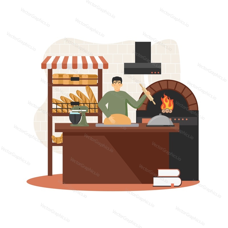 Baker kneading dough with rolling pin, baking bread in bakery wood fired oven, vector flat illustration. Bakery interior, fresh baked pastry french baguettes, croissants on shelves, chef making bread.