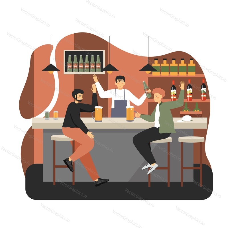 Two young men sitting at bar counter, talking and drinking beer after work, vector flat illustration. Happy male best friends meeting in cafe, beer pub. Man friendship, friday meeting.