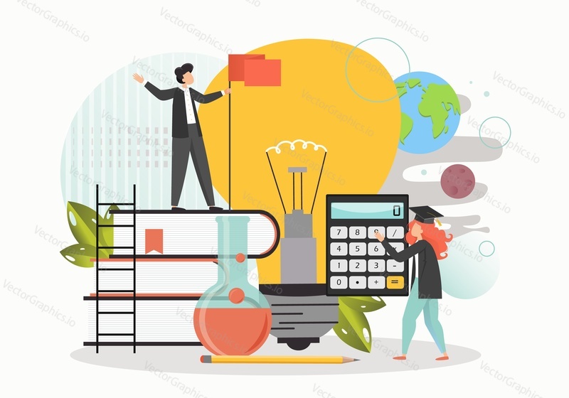 Tiny characters businessman student standing on book pile top with flag, woman with calculator, vector flat illustration. Education and professional career, self education.
