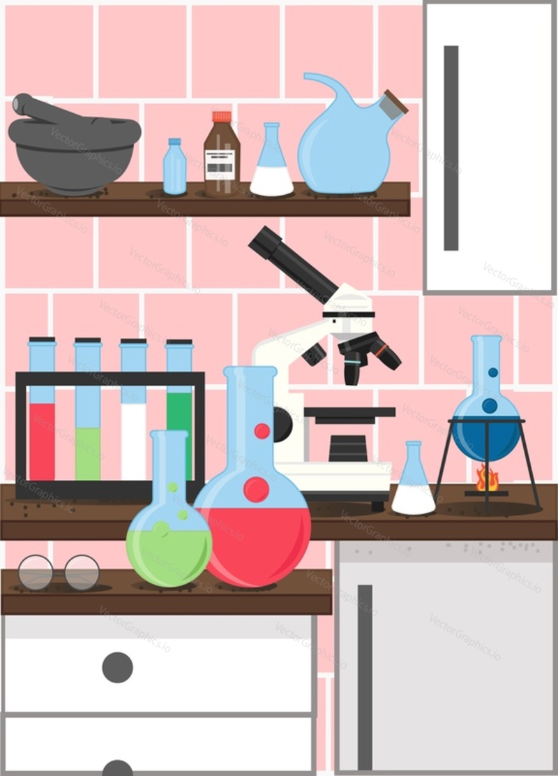 Science lab vector poster template. Chemistry laboratory interior with microscope, flasks, beakers and burner on shelves. Equipment and glassware for laboratory experiment, flat style illustration.