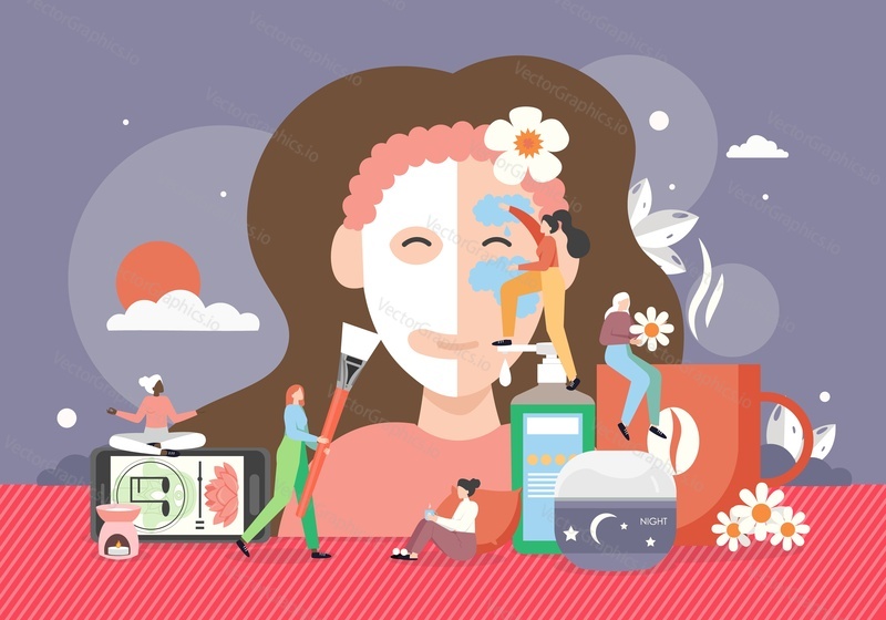 Woman night time routine that helps to sleep better, vector flat illustration. Yoga and meditation, cup of herbal tea, home beauty skincare routine. Sleep care evening habits concept.