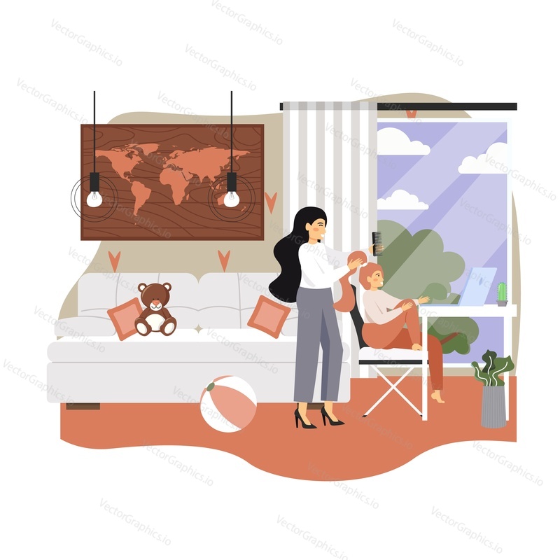 Happy loving mother combing her daughters hair, vector flat illustration. Happy childhood and motherhood, parental love and care for children, parent child relationship.