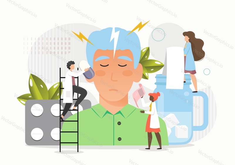 Tiny doctors medical professionals treating patient man headache, migraine, vector flat illustration. Medical help, treatment with medication, headache painkillers. Neurology, medicine and healthcare.