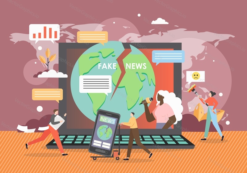 Online fake news concept flat vector illustration. Tiny people and huge laptop computer with cracked planet Earth globe, journalist with mic on screen. Online news media, disinformation, propaganda.