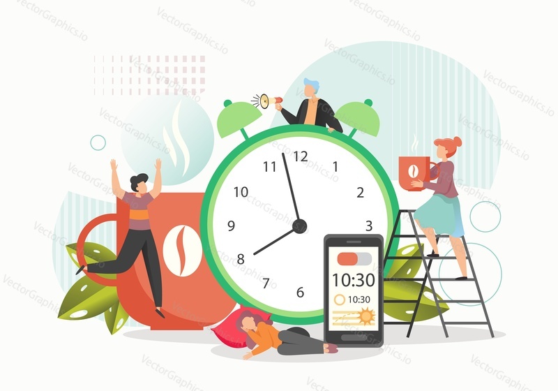 Alarm clock, tiny characters sleeping, awaking, drinking coffee, vector flat illustration. Alarm clock reminder mobile phone app. Office activity and break reminder, wake up alarms and sleep timers.