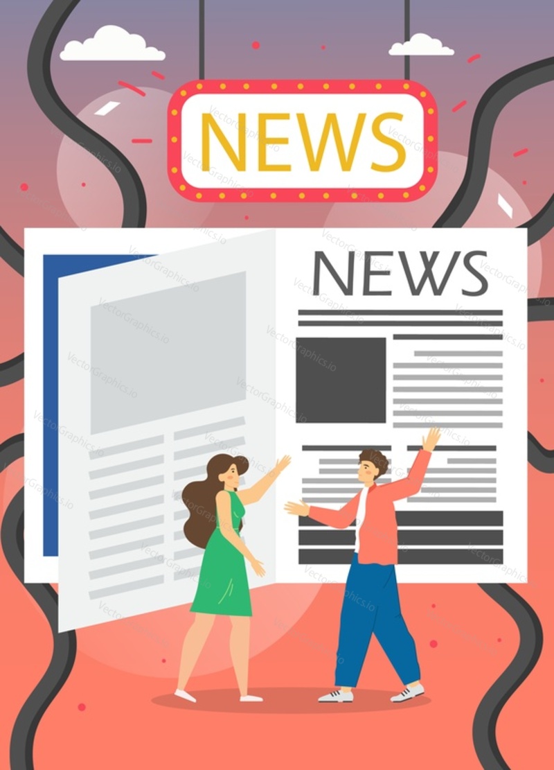 Print newspaper vector poster template. People reading huge newspaper and discussing the latest events. Breaking headlines, world, local news. Press and mass media. Flat style design illustration.