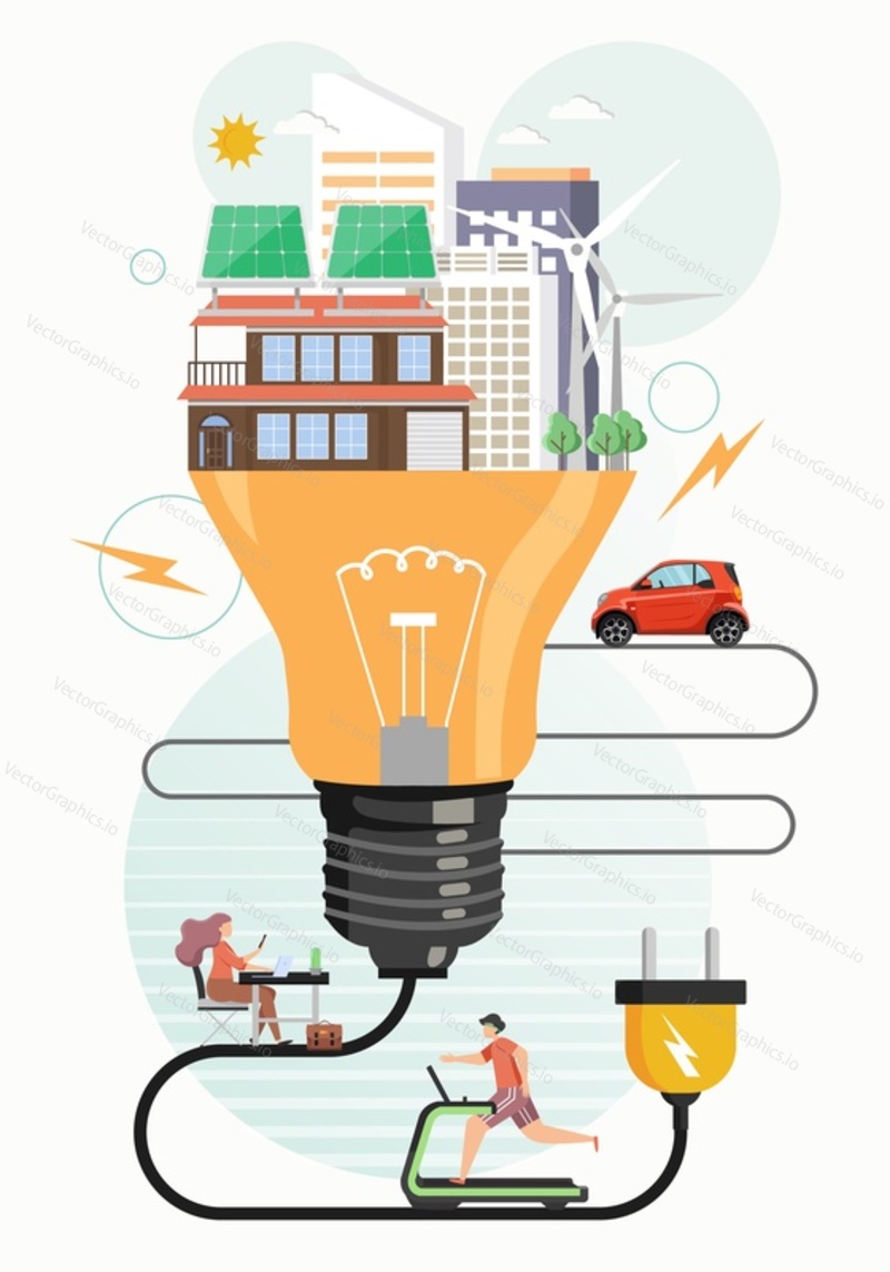 Eco friendly world vector concept illustration. Clean green city, solar panels, windmills inside of light bulb, electric car. People using green alternative energy. Ecology, environment protection.