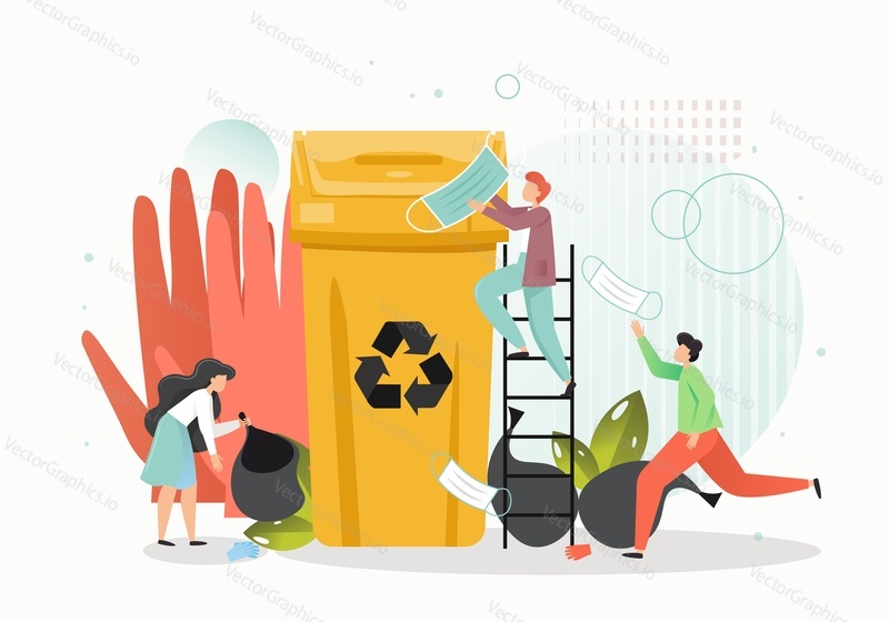 Coronavirus garbage, contaminated trash, vector flat illustration. People collecting disposable gloves, face masks from sidewalks and streets in plastic bags and throwing them into special trash bin.