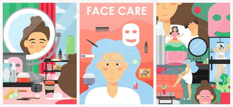 Skin care and beauty vector poster banner template set. Face care hygienic procedures and treatment. Makeup school, cosmetics courses, beauty salon services, home skincare routine.