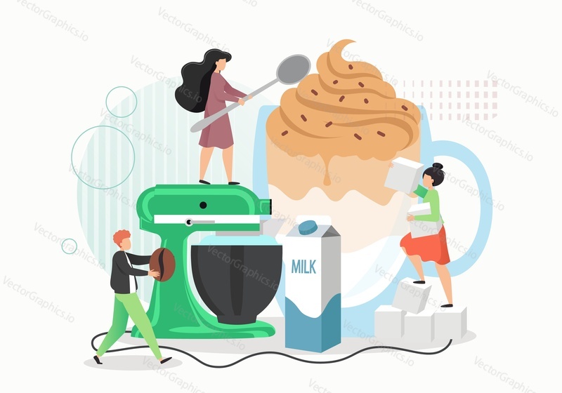 Coffee shop. Tiny people making dalgona coffee, vector flat illustration. Whipped, hot or frothy iced coffee drink with milk and sugar. Coffeehouse concept.