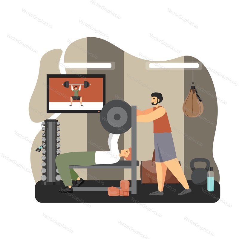 Young man doing bench press exercises, lifting barbell, vector flat illustration. Workout with personal trainer. Strength training exercises, bodybuilding, sport and healthy lifestyle.