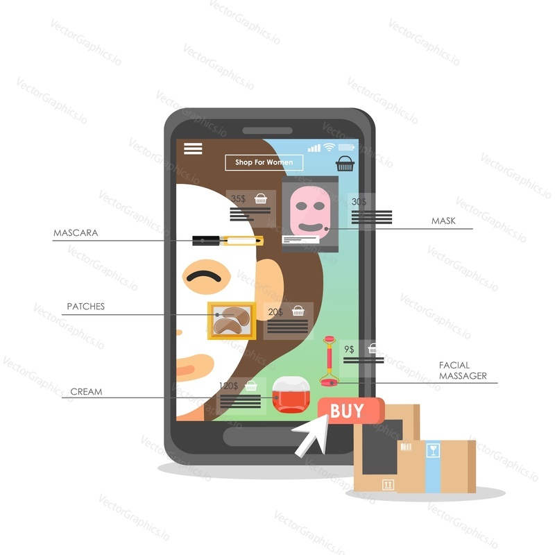 Smartphone with online shopping app on screen, vector flat illustration. Makeup and face care cosmetics internet store. Online beauty shop, e-commerce.