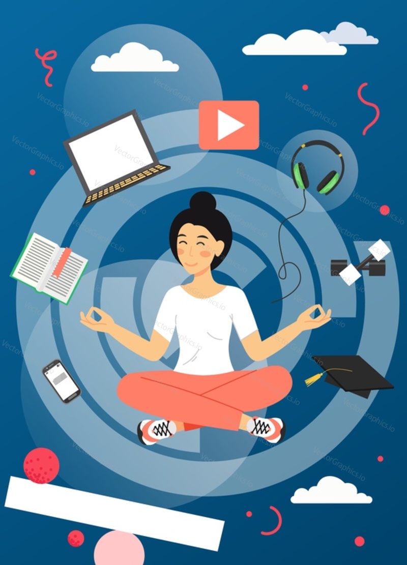 Stay home vector poster template. Young girl relaxing meditating while sitting in yoga position. Mobile, laptop, headphones, book, dumbbells, graduation hat around her. Home quarantine, self isolation