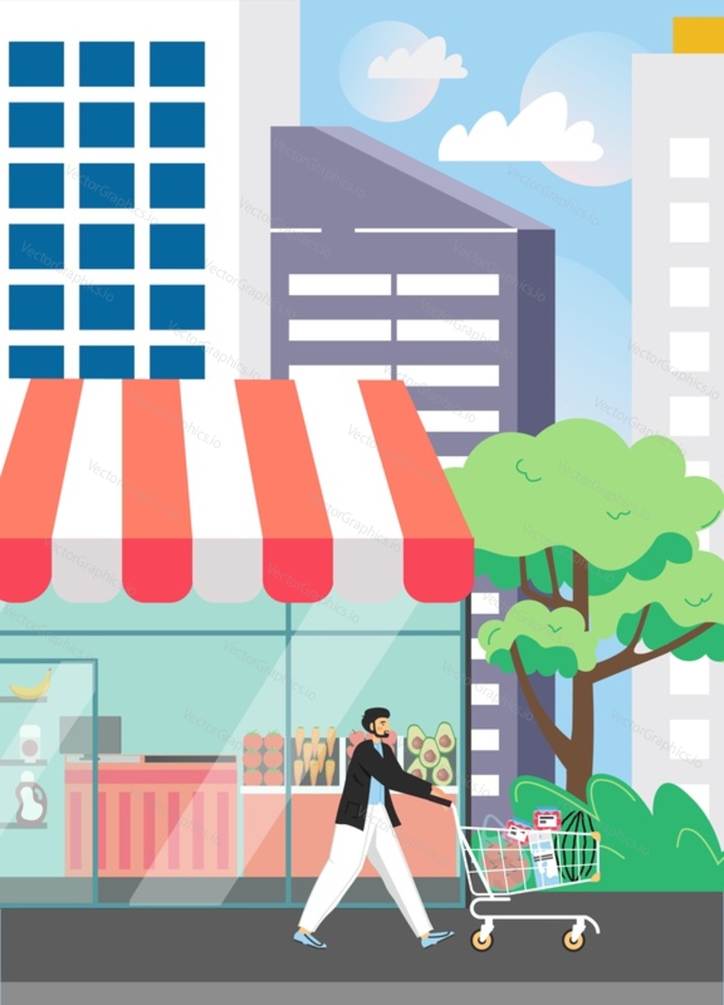 Street food shop vector poster template. Happy shopper male character with shopping cart full of food products in front of grocery store window, flat style design illustration.