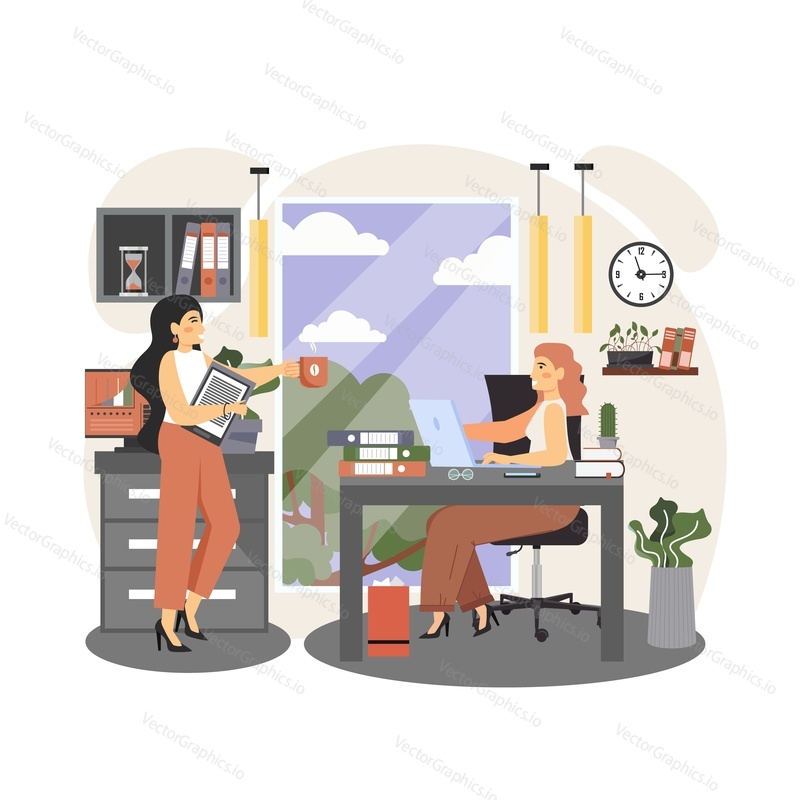 Office people lifestyle. Business women colleagues talking to each other, taking coffee break in office room, vector flat illustration. Secretary giving cup of coffee to lady boss. Modern workspace.
