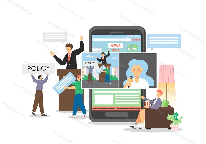 Politics and political news, vector flat illustration. Politician speaking in public presenting his policy speech gesturing behind rostrum. People following political news stories, videos on mobile.