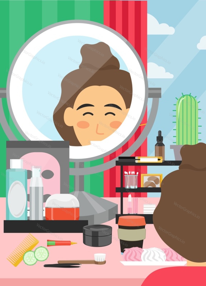 Face beauty and makeup vector poster banner template. Young woman sitting at table with cosmetic skin care products and huge mirror. Makeup classes, beauty parlor services, face care routine.